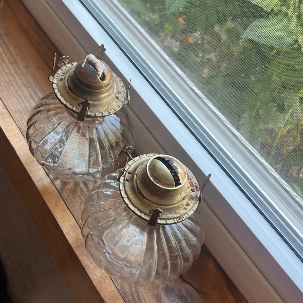Two matching vintage hobnail glass oil lamps